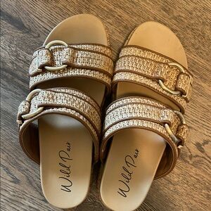 Wild Pair Tan Woven Double Strap Slide Sandals with Gold Accents